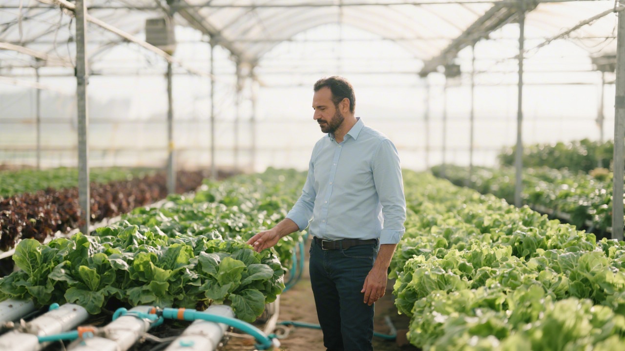 Agricultural business owner inspecting fresh vegetables in a modern greenhouse in Murcia, with rows of leafy greens and irrigation systems under soft natural light.