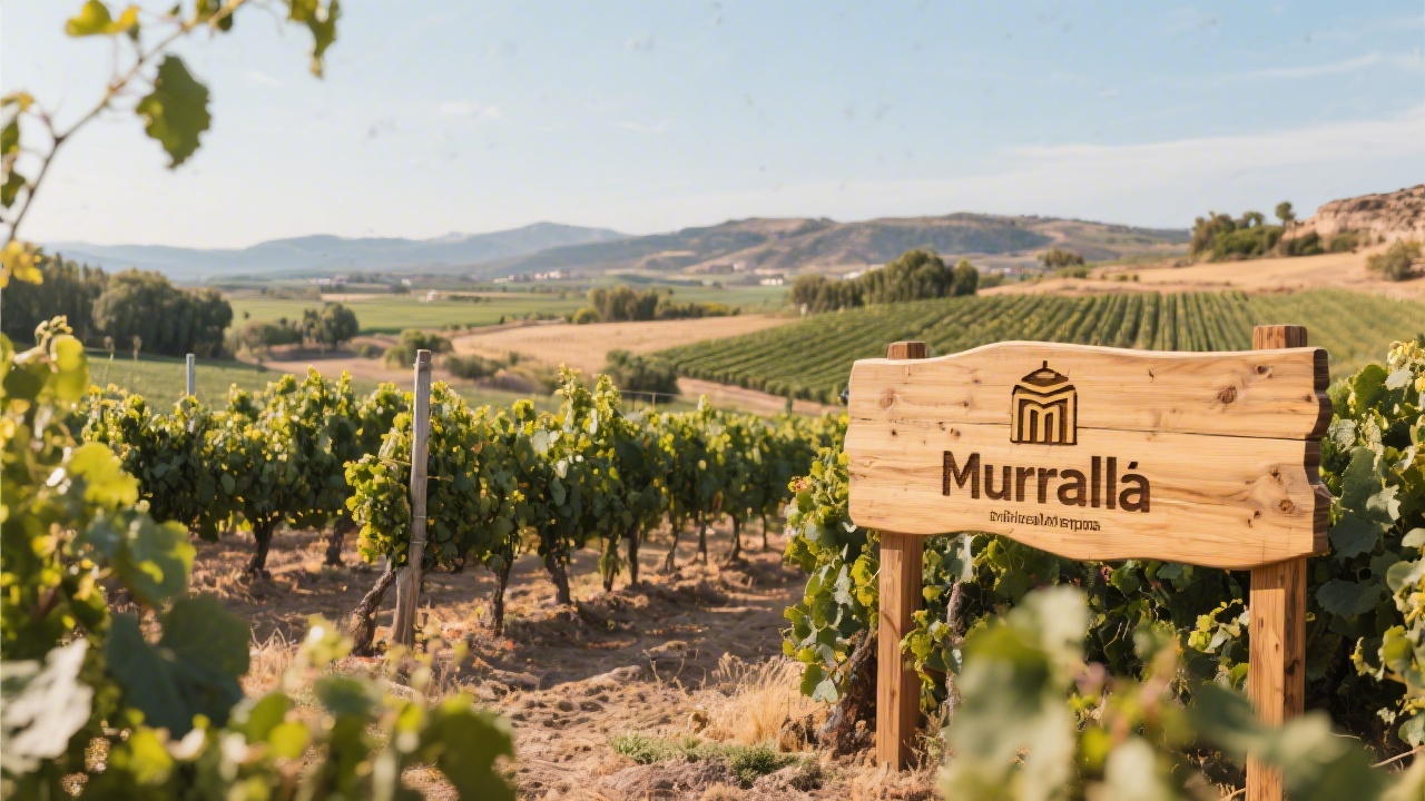 Murcia region landscape with vineyards and a branded wooden sign, representing local identity and brand positioning for regional agribusiness.