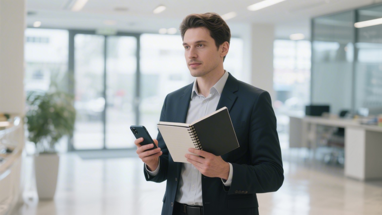 Business professional holding a notebook and smartphone while standing in a bright office lobby, ready to discuss marketing project details.