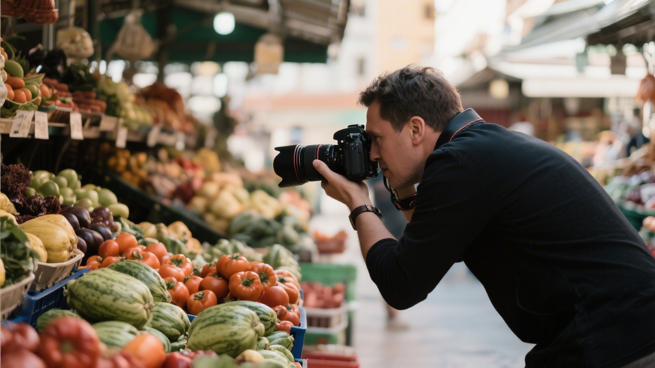 Photographer capturing fresh produce at a Murcia market, showing authentic content creation for local agrifood marketing and brand storytelling.