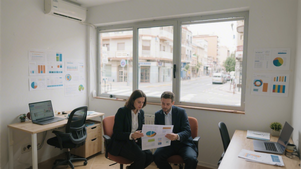 Small digital agency workspace in Murcia with two professionals reviewing a marketing plan, laptops, printed reports, and a large window showing urban streets.