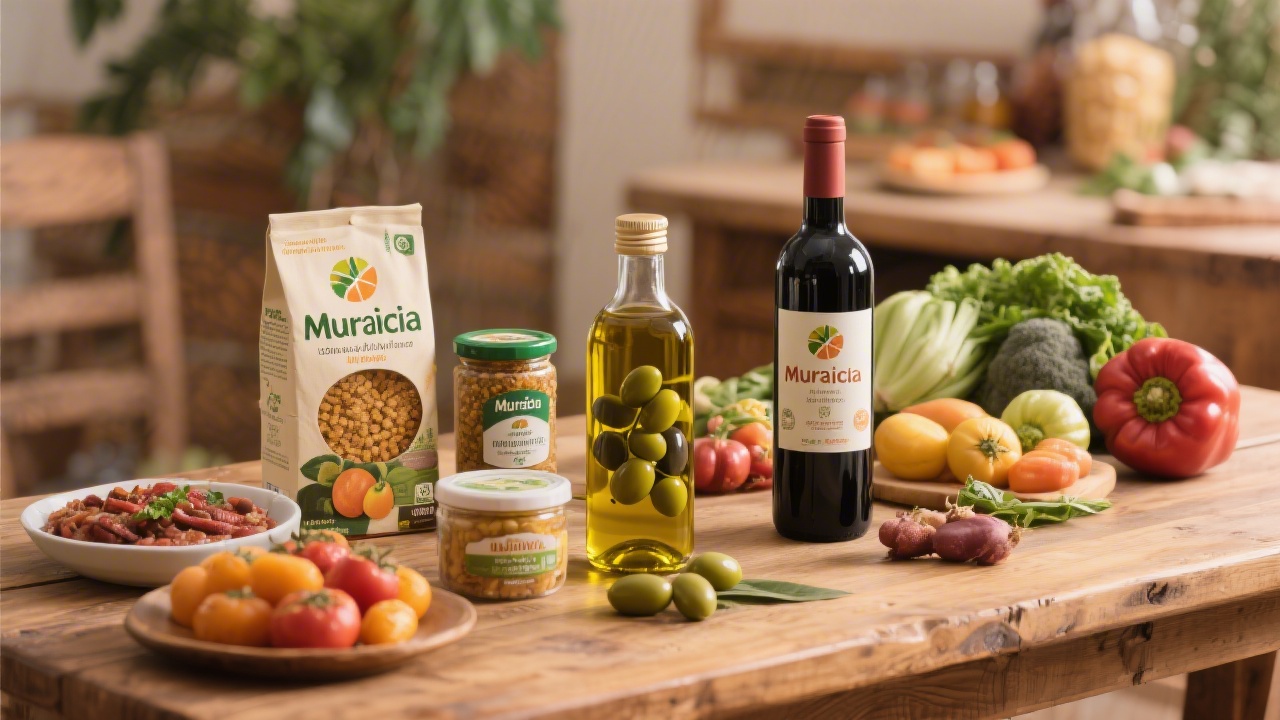 Local food products from Murcia including olive oil, wine, and fresh produce arranged on a wooden table, representing agroalimentario marketing and regional branding.