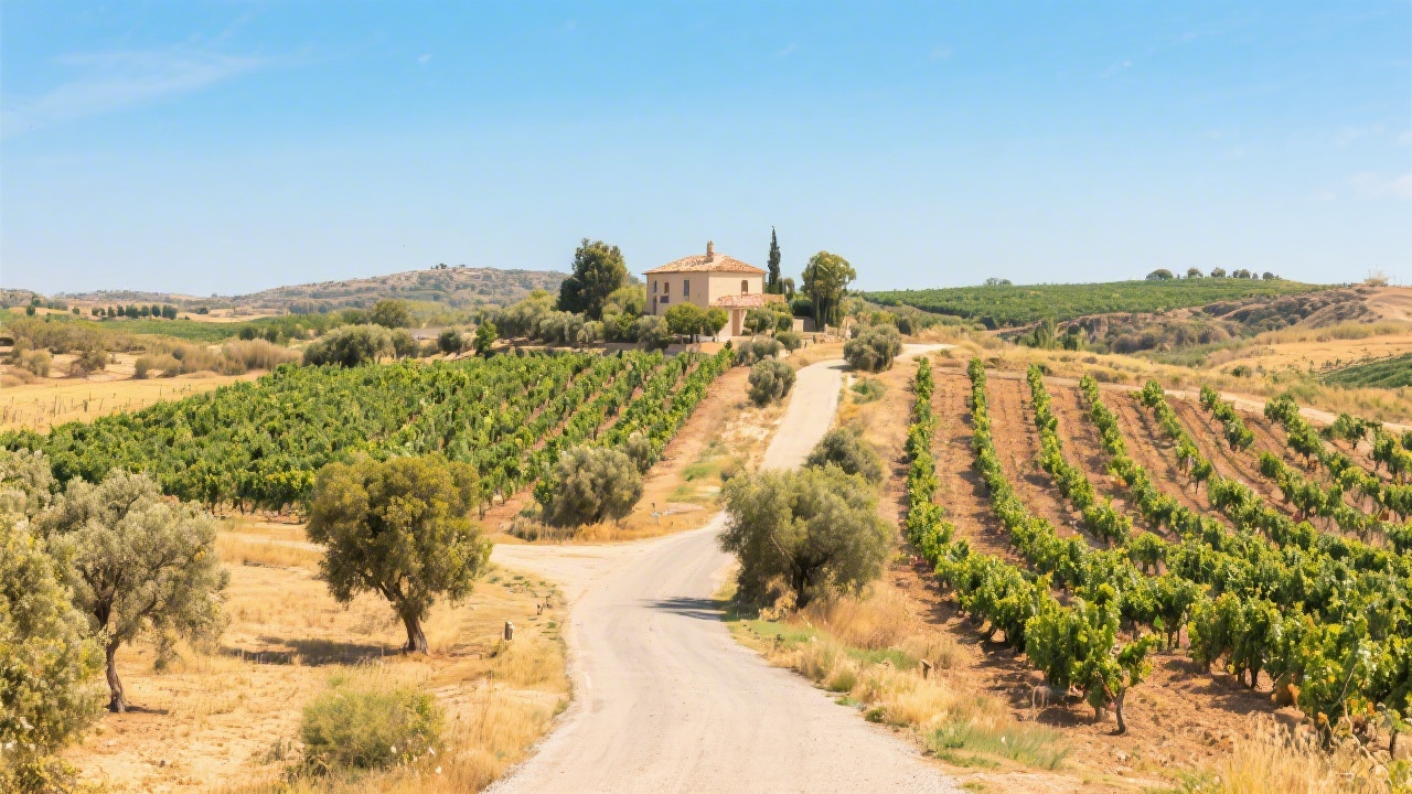 Sunlit view of Murcia countryside with vineyards, olive trees, and a small rural road leading to a farmhouse, showing authentic regional agricultural landscape under clear Mediterranean sky.