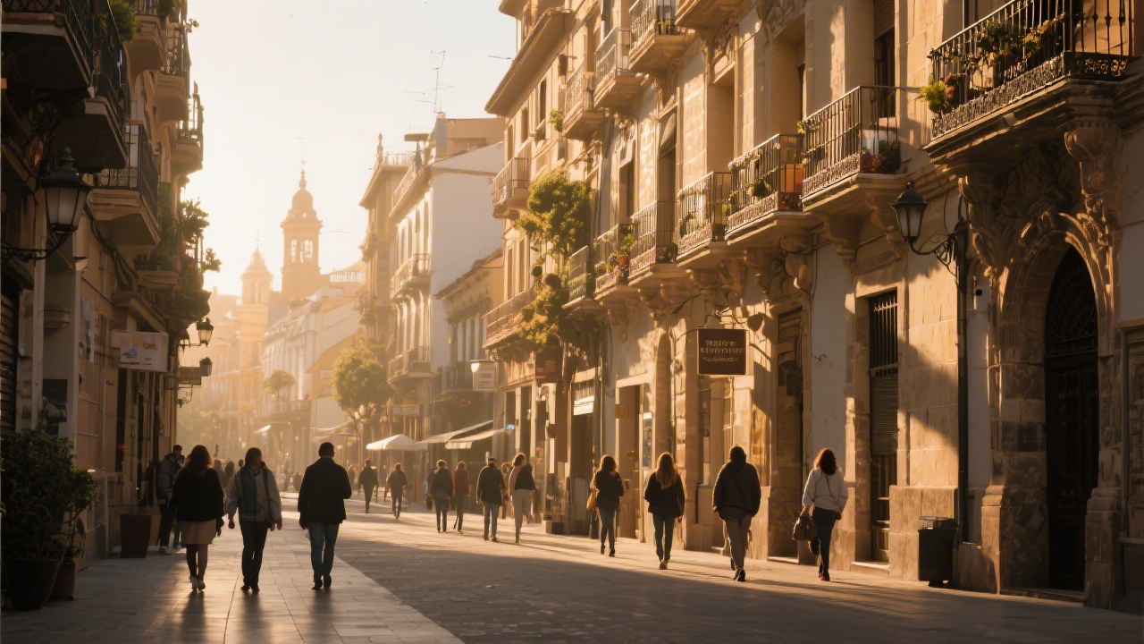 Street view of Murcia city center with traditional buildings, pedestrians walking, and warm sunlight reflecting on historic facades and balconies.
