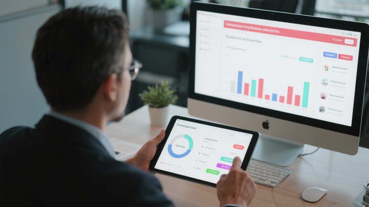 Professional reviewing campaign results on a tablet while adjusting settings on a desktop computer, showing optimization process for paid ads.