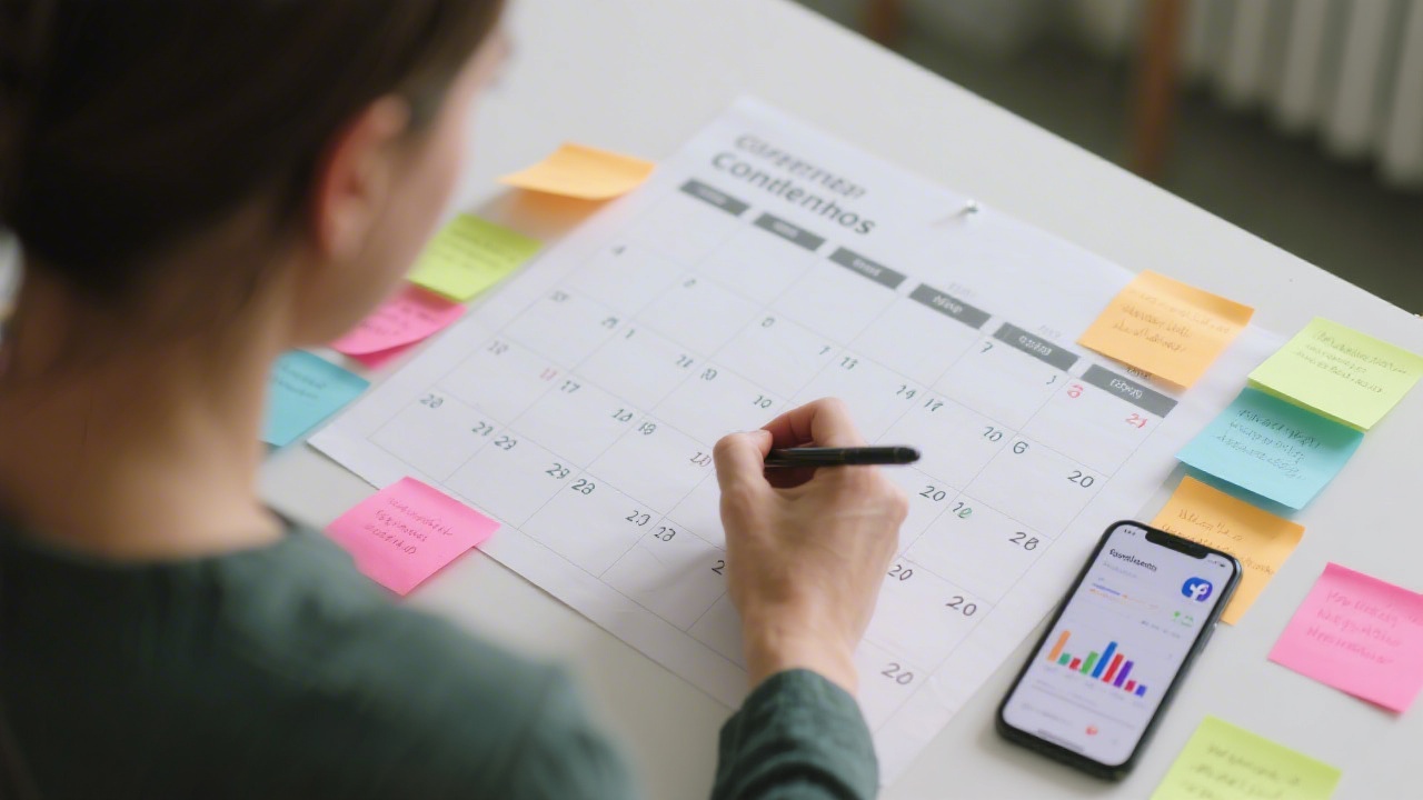 Marketing strategist writing a content calendar on a large paper planner, with colored notes and a smartphone displaying social media metrics.