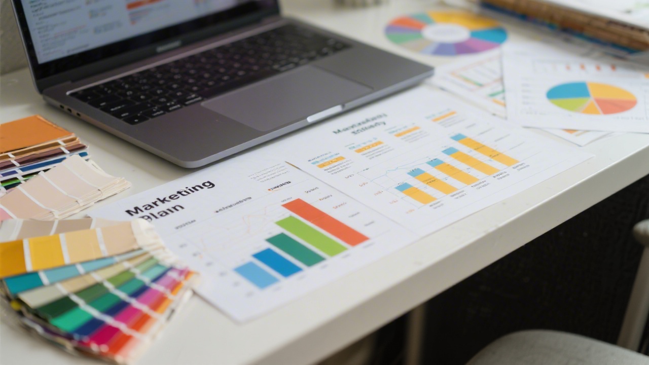 Marketing plan laid out on a desk with laptop, color swatches, and printed charts, showing organized digital strategy for regional business growth.